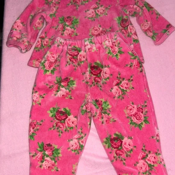 Betsey Johnson rose print velvet velour tracksuit Pink baby infant Pajamas 0-3 - Picture 6 of 7